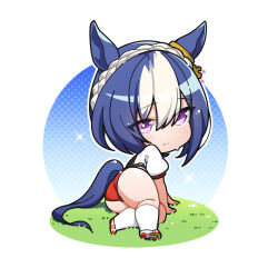 Rule 34 | 1girl, animal ears, arm support, ass, blue hair, braid, buruma, cesario (umamusume), chibi, closed mouth, ear ornament, from behind, hair between eyes, highres, horse ears, horse girl, horse tail, light frown, looking back, medium hair, multicolored hair, no nose, on grass, puffy short sleeves, puffy sleeves, purple eyes, red buruma, shirt, short sleeves, socks, solo, sweat, tail, thick thighs, thighs, two-tone hair, umamusume, warashi, white footwear, white hair, white shirt, white socks