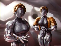 Rule 34 | 1girl, abs, absurdres, arms behind back, atomic heart, blonde hair, colored skin, faceless, grey skin, highres, humanoid robot, jacket, left (atomic heart), looking at viewer, mihaelmilanovic, muscular, muscular female, open clothes, open hand, open jacket, right (atomic heart), robot, shiny skin, siblings, signature, solo, thick thighs, thighs, twins