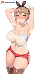Rule 34 | 1girl, armpits, arms up, atelier (series), atelier ryza, atelier ryza 1, beret, blush, breasts, brown eyes, brown hair, brown thighhighs, camisole, cleavage, closed mouth, commentary, devilukez, furrowed brow, groin, hair between eyes, hat, highres, jewelry, large breasts, looking at viewer, navel, necklace, nose blush, red shorts, reisalin stout, short shorts, shorts, skindentation, smile, solo, standing, star (symbol), star necklace, thighhighs, watermark, web address, white background, white hat