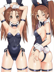 Rule 34 | 1girl, animal ears, armpits, arms up, ass, black bow, black bowtie, black leotard, blaze (blazeillust), bow, bowtie, brown eyes, brown hair, cameltoe, closed eyes, commentary request, cowboy shot, detached collar, girls und panzer, hands on own head, highres, kadotani anzu, leotard, long hair, looking at viewer, looking back, multiple views, one eye closed, playboy bunny, rabbit ears, rabbit tail, side-tie leotard, simple background, strapless, strapless leotard, tail, twisted torso, white background, wrist cuffs