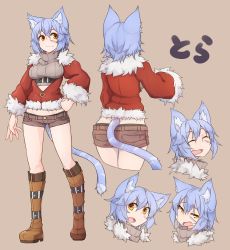 Rule 34 | 1girl, animal ears, blue hair, blush, boots, breasts, cat ears, cat tail, closed eyes, fang, fur trim, groin, hand on own hip, highres, jacket, looking at viewer, medium breasts, multiple views, open mouth, orange eyes, original, pantyhose, ryota tentei, scar, short hair, short shorts, shorts, smile, sweat, tail, tora tentei