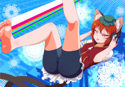 Rule 34 | 1girl, animal ears, barefoot, bike shorts, brown eyes, brown hair, cape, cat, cat ears, cat tail, chen, feet, hat, headphones, itsuki (kisaragi), multiple tails, solo, tail, toes, tongue, tongue out, touhou