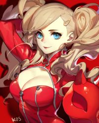 Rule 34 | 10s, 1girl, arm up, artist name, blonde hair, blue eyes, bodysuit, breasts, cleavage cutout, closed mouth, clothing cutout, earrings, hair ornament, hairclip, holding, holding mask, jewelry, lips, long hair, looking at viewer, mask, unworn mask, medium breasts, persona, persona 5, red background, red bodysuit, red lips, simple background, smile, solo, songjikyo, stud earrings, swept bangs, takamaki anne, tareme, twintails, wavy hair, zipper