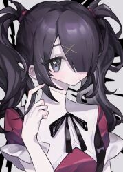 Rule 34 | 1girl, absurdres, ame-chan (needy girl overdose), black eyes, black hair, black nails, black ribbon, closed mouth, collared shirt, grey background, hair ornament, hair over one eye, hair tie, hand up, highres, long hair, looking at viewer, nail polish, neck ribbon, needy girl overdose, peco (peco1n1), playing with own hair, red shirt, ribbon, shirt, solo, twintails, upper body, x hair ornament