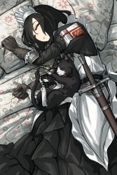 Rule 34 | 1girl, alicia cole, animal, apron, asterisk kome, bed, bed sheet, black dress, black gloves, black hair, cat, closed eyes, dress, gloves, highres, long sleeves, lying, maid, maid apron, maid headdress, on side, open mouth, original, pillow, scabbard, sheath, sheathed, short hair, solo, sword, weapon, white apron