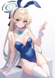 1girl absurdres animal_ears aqua_bow aqua_bowtie arm_support bare_shoulders blonde_hair blue_archive blue_bow blue_eyes blue_hair blue_leotard bow bowtie braid breasts briefcase cleavage closed_mouth commentary detached_collar earrings expressionless fake_animal_ears guri_(gri1211) hair_bow halo hand_up highleg highleg_leotard highres jewelry large_breasts leotard light_blush long_hair looking_at_viewer multicolored_hair official_alternate_costume playboy_bunny rabbit_ears simple_background single_earring sitting skindentation solo strapless strapless_leotard streaked_hair stud_earrings thighhighs toki_(blue_archive) toki_(bunny)_(blue_archive) v very_long_hair white_background white_thighhighs white_wrist_cuffs wrist_cuffs