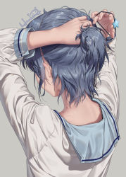 Rule 34 | 1girl, arms up, bite mark, blue hair, blue sailor collar, commentary, commentary request, facing away, fingernails, from behind, grey background, hair lift, hair ornament, hair tie, half updo, hands in hair, haneru, haori haruki, highres, himitsu no jugyou, holding, holding own hair, long sleeves, nape, original, ponytail, sailor collar, shirt, short hair, sidelocks, signature, simple background, solo, star (symbol), star hair ornament, tying hair, upper body, wet, wet hair, white shirt