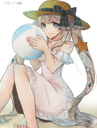 Rule 34 | 1girl, ball, bare shoulders, beachball, blue eyes, closed mouth, commentary request, dress, fate/grand order, fate (series), hair ornament, hat, highres, holding, long hair, looking at viewer, marie antoinette (fate), marie antoinette (fate/grand order), marie antoinette (swimsuit caster) (fate), marie antoinette (swimsuit caster) (second ascension) (fate), sasaki kuro, silver hair, sitting, sleeveless, smile, solo, starfish, swimsuit, twintails, very long hair
