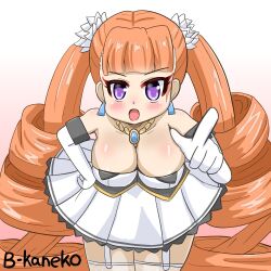 Rule 34 | 1girl, arcana heart, artist name, breasts, cleavage, dress, drill hair, garter straps, hand on own hip, legs, long hair, looking at viewer, open mouth, orange hair, petra johanna lagerkvist, pointing, pointing at viewer, purple eyes, scolding, solo, thighs, twin drills, very long hair