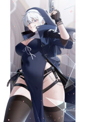 Rule 34 | 1girl, bechu, black gloves, black thighhighs, blue dress, blue eyes, blue jacket, breasts, broken glass, chain, cleavage, devil may cry (series), dress, fingerless gloves, genderswap, genderswap (mtf), glass, gloves, grin, gun, habit, high collar, highres, holding, holding gun, holding weapon, jacket, large breasts, looking at viewer, nero (devil may cry), nun, open clothes, open jacket, pelvic curtain, smile, solo, thighhighs, weapon, white hair