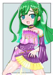 Rule 34 | 1girl, blue eyes, clothes lift, covering privates, covering crotch, dress, dress lift, green hair, lifted by self, open mouth, pazuru, peeing, pretty series, pripara, solo, standing, sweat, tsukikawa chiri