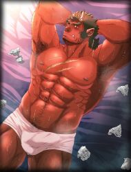 Rule 34 | 1boy, abs, absurdres, arm hair, armpit hair, armpits, arms behind head, back hair, bara, beard stubble, blush, boxer briefs, broken horn, bulge, chest hair, colored sclera, colored skin, erection, erection under clothes, facial hair, feet out of frame, from above, fu ren chi, hairy, highres, horns, large pectorals, long sideburns, looking at viewer, lying, male focus, male underwear, mature male, medium hair, monster boy, muscular, muscular male, navel, navel hair, nipples, ogre, on back, on bed, oni horns, orgus (f-kare), pectorals, ponytail, red skin, sanpaku, scar, scar on chest, scar on face, scar on nose, shoukan yuusha to f-kei kareshi, sideburns, solo, steaming body, stomach, strongman waist, stubble, sweat, thick eyebrows, thick thighs, thighs, topless male, turning head, tusks, underwear, used tissue, very sweaty, white male underwear, yellow sclera