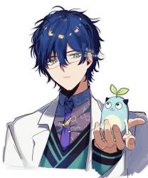 Rule 34 | 1boy, blue hair, brown shirt, closed mouth, collared shirt, commentary request, cropped torso, glasses, green eyes, green shirt, hair between eyes, hand up, highres, holding, jacket, leos vincent, long sleeves, male focus, mameneko (leos vincent), necktie, nijisanji, open clothes, open jacket, purple neckwear, shirt, signature, simple background, sofra, twitter username, upper body, virtual youtuber, white background, white jacket
