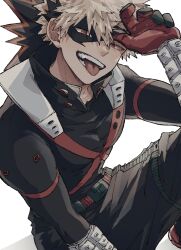 Rule 34 | 1boy, absurdres, bakugou katsuki, black mask, blonde hair, boku no hero academia, costume, eye mask, gloves, hair between eyes, highres, knees out of frame, kome uo, looking at viewer, male focus, red eyes, red gloves, short hair, smile, solo, squatting, teeth, tongue, tongue out, white background
