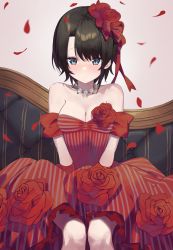 Rule 34 | 1girl, absurdres, bare shoulders, black hair, blue eyes, blush, bow, breasts, cleavage, closed mouth, commission, cosplay, dress, fate/grand order, fate (series), feet out of frame, flower, frilled dress, frills, hair bow, hair flower, hair ornament, highres, hololive, jewelry, looking at viewer, medium breasts, necklace, nero claudius (fate), nero claudius (fate) (all), nero claudius (fate) (cosplay), official alternate costume, oozora subaru, pixiv commission, red bow, red dress, red flower, red rose, rose, short hair, sitting, solo, striped clothes, striped dress, syhan, vertical-striped clothes, vertical-striped dress, virtual youtuber