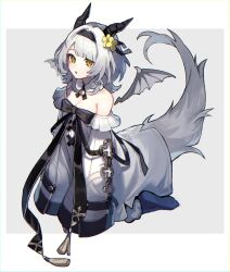Rule 34 | 1girl, bare shoulders, bat wings, bell, black bow, black socks, bow, breasts, cleavage, commentary request, dress, flower, full body, grey background, grey hair, hair flower, hair ornament, hairband, highres, horns, kino (m6t2a), long sleeves, looking at viewer, multicolored background, neck bell, open mouth, original, short hair, simple background, sitting, slit pupils, small breasts, socks, solo, tail, white background, white dress, wide sleeves, wings, yellow eyes