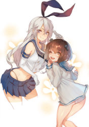 Rule 34 | 2girls, blush, brown hair, commentary request, elbow gloves, gloves, grey hair, hair between eyes, hair ornament, hairband, kantai collection, long hair, long sleeves, looking at viewer, looking back, multiple girls, no pants, open mouth, panties, pleated skirt, sailor collar, salute, shimakaze (kancolle), shirt, short hair, sidelocks, skirt, teeth, tongue, underwear, upper teeth only, white gloves, yukikaze (kancolle), zuizi