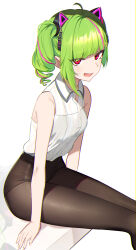 Rule 34 | 1girl, ahoge, animal ear hairband, animal ears, bare shoulders, blush, botaten, cat ear hairband, cat ears, collared shirt, delutaya, drill hair, fake animal ears, fang, green hair, hair ornament, hairband, hairclip, highres, indie virtual youtuber, looking at viewer, multicolored hair, open mouth, pantyhose, red eyes, shirt, simple background, sitting, sleeveless, smile, smug, solo, streaked hair, thighs, twin drills, twintails, virtual youtuber, white background, white shirt