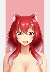 Rule 34 | 1girl, :d, animal ear fluff, animal ears, blush, breasts, cleavage, collarbone, commentary request, fox ears, gradient hair, grey background, hair between eyes, hair ornament, hairclip, long hair, looking at viewer, medium breasts, multicolored hair, nude, open mouth, original, out-of-frame censoring, pink background, red eyes, red hair, shachoo., smile, solo, two-tone background, upper body, white hair