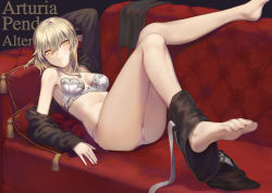Rule 34 | 1girl, ahoge, artoria pendragon (all), artoria pendragon (fate), barefoot, blonde hair, bra, breasts, breasts apart, character name, cross, cross necklace, detached leggings, fate/grand order, fate/stay night, fate (series), feet, feet up, hair ribbon, highres, jewelry, leg up, long hair, long sleeves, looking at viewer, lying, mashuu (neko no oyashiro), medium breasts, necklace, off shoulder, on back, panties, parted lips, ribbon, saber alter, shrug (clothing), signature, solo, thighs, toes, underwear, white bra, white panties, yellow eyes