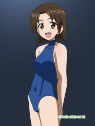 Rule 34 | 1girl, blue one-piece swimsuit, blush, breasts, brown eyes, brown hair, dated, girls und panzer, highres, looking at viewer, medium breasts, naotosi, one-piece swimsuit, open mouth, sawa azusa, short hair, signature, smile, solo, swimsuit