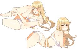 Rule 34 | 1girl, absurdres, arched back, ass, bad id, bad pixiv id, blonde hair, blush, bra, breasts, cleavage, closed mouth, from side, goumudan, head rest, highres, leg up, long hair, looking at viewer, looking back, lying, medium breasts, multiple views, mythra (xenoblade), nintendo, on stomach, open mouth, panties, sideboob, simple background, sitting, swept bangs, underwear, underwear only, v-shaped eyebrows, very long hair, white background, white bra, white panties, xenoblade chronicles (series), xenoblade chronicles 2, yellow eyes