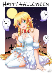 Rule 34 | 1girl, arm support, blonde hair, bow, bowtie, braid, breasts, cleavage, commentary request, dress, full moon, garter straps, green eyes, halloween, hand up, highres, ken-ji, large breasts, leafa, long hair, looking at viewer, moon, night, open mouth, red bow, sitting, smile, solo, sparkle, sword art online, thighhighs, twin braids, white dress, white thighhighs, yokozuwari