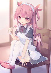 Rule 34 | 1girl, :o, absurdres, apron, bad id, bad pixiv id, bandaged arm, bandages, black dress, blurry, blurry background, blush, brown nails, brown wings, candy, chair, commentary request, demon wings, depth of field, dress, fang, fingernails, food, frilled apron, frills, full body, hair between eyes, hair ornament, hair ribbon, hairclip, highres, holding, holding candy, holding food, holding lollipop, lollipop, long hair, looking at viewer, maid apron, maid headdress, mary janes, on chair, open mouth, original, pink hair, puffy short sleeves, puffy sleeves, red eyes, red footwear, red ribbon, ribbon, shoes, short sleeves, sitting, solo, thighhighs, tsuruse, two side up, very long hair, white apron, white thighhighs, wings, x hair ornament