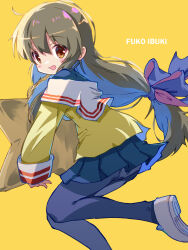 Rule 34 | 1girl, akayama yukihe, black pantyhose, blue skirt, blush stickers, bow, brown eyes, character name, clannad, commentary request, eyes visible through hair, floating hair, foot out of frame, from side, hair between eyes, hair bow, highres, hikarizaka private high school uniform, holding, holding star, ibuki fuuko, jacket, long hair, long sleeves, looking at viewer, low-tied long hair, miniskirt, open mouth, panties, panties under pantyhose, pantyhose, pleated skirt, purple bow, sailor collar, school uniform, sidelighting, sidelocks, simple background, skirt, smile, solo, standing, standing on one leg, star (symbol), starfish, underwear, very long hair, white sailor collar, yellow background, yellow jacket