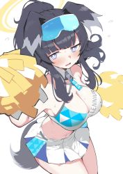 Rule 34 | 1girl, animal ears, bare shoulders, black hair, blue archive, blue eyes, blue skirt, blush, breasts, character name, cheerleader, cleavage, clothes writing, collarbone, dog ears, dog girl, dog tail, facial tattoo, halo, hibiki (blue archive), hibiki (cheer squad) (blue archive), highres, large breasts, looking at viewer, medium hair, midriff, millennium cheerleader outfit (blue archive), navel, open mouth, pom pom (cheerleading), short hair, simple background, skirt, solo, star tattoo, sweat, tail, tattoo, thighs, two-tone skirt, white background, white skirt, yabai gorilla