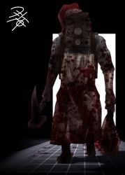 Rule 34 | 1boy, apron, artist name, barbed wire, blood, blood on clothes, blood stain, bloody weapon, commentary, gloves, hammer, hat, holding, holding weapon, male focus, rust, sack, santa hat, solo, the evil within, the keeper, weapon, yua (checkmate)