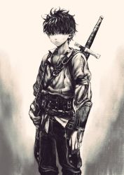 Rule 34 | 1boy, armor, black hair, fantasy, highres, jun (navigavi), monochrome, short hair, sketch, sword, weapon