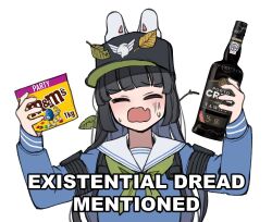 Rule 34 | 1girl, alcohol, animal ears, black hair, black hat, blue archive, blunt bangs, bottle, candy, closed eyes, commentary, english commentary, english text, facing viewer, fake animal ears, fang, food, green neckerchief, hat, holding, holding bottle, holding food, kyou (ningiou), leaf, leaf on head, long hair, long sleeves, m&amp;m&#039;s, meme, miyu (blue archive), neckerchief, open mouth, sailor collar, simple background, skin fang, solo, sweat, upper body, white background, white sailor collar