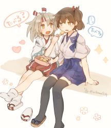 Rule 34 | ..., 10s, 2girls, bento, blush, brown eyes, brown hair, chopsticks, commentary request, drooling, feeding, food, hachimaki, headband, heart, high ponytail, ina (1813576), japanese clothes, kaga (kancolle), kantai collection, light brown hair, long hair, multiple girls, omelet, open mouth, sandals, shoes, side ponytail, simple background, single shoe, sitting, sparkle, spoken ellipsis, tabi, tamagoyaki, thighhighs, translation request, twitter username, zuihou (kancolle)