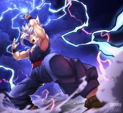 Rule 34 | 1boy, absurdres, dougi, dragon ball, dragon ball super, dragon ball super super hero, electricity, gohan beast, highres, looking at viewer, male focus, muscular, open mouth, red eyes, short hair, simple background, solo, son gohan, spiked hair, srojam, white hair, wristband
