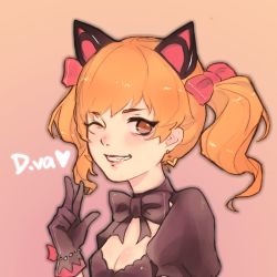 Rule 34 | 1girl, animal ears, bad id, bad pixiv id, black bow, black cat d.va, black dress, black gloves, blonde hair, bow, bowtie, breasts, brown eyes, cat ears, character name, cleavage, d.va (overwatch), dress, earrings, gloves, godzillaguai, gradient background, grin, hair bow, heart, heart earrings, highres, jewelry, lolita fashion, looking at viewer, official alternate costume, one eye closed, overwatch, overwatch 1, pink background, pink bow, pink lips, puffy short sleeves, puffy sleeves, short sleeves, simple background, small breasts, smile, solo, twintails, upper body