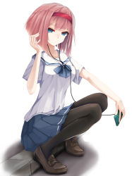 Rule 34 | 1girl, alternate costume, ark royal (kancolle), black pantyhose, blue bow, blue eyes, blue skirt, blunt bangs, bob cut, bow, brown footwear, earphones, full body, hairband, kantai collection, loafers, looking at viewer, momin, pantyhose, pleated skirt, red hair, red hairband, sailor collar, school uniform, serafuku, shirt, shoes, short hair, simple background, sitting, skirt, solo, walkman, white background, white sailor collar, white shirt