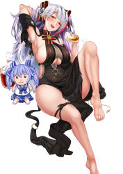 Rule 34 | 1girl, :d, absurdres, alcohol, alternate costume, antenna hair, armpits, azur lane, bare shoulders, barefoot, black dress, blush, bottle, bow, breasts, brown eyes, character doll, clothing cutout, cup, dress, feet, hair between eyes, hair bow, hasaya, head tilt, highres, holding, holding cup, knee up, large breasts, long hair, looking at viewer, mole, mole on breast, multicolored bow, multicolored hair, open mouth, pelvic curtain, pouring, pouring onto self, prinz eugen (azur lane), prinz eugen (cordial cornflower) (azur lane), red hair, shoulder cutout, side cutout, sidelocks, silver hair, simple background, sitting, skindentation, smile, solo, streaked hair, swept bangs, thigh strap, thighs, toes, two side up, underboob, underboob cutout, very long hair, wet, white background