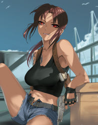 Rule 34 | 1girl, absurdres, bare shoulders, belt, belt buckle, beretta 92, black lagoon, blue shorts, blue sky, breasts, brown hair, buckle, commentary request, crate, crop top, day, grin, gun, handgun, highres, holding, holding gun, holding weapon, holster, knee up, large breasts, long hair, low ponytail, navel, outdoors, parted bangs, parted lips, railing, red eyes, revy (black lagoon), short shorts, shorts, sitting, sky, smile, solo, tank top, tattoo, weapon, yuki daruma92