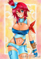 Rule 34 | 10s, 1girl, alternate costume, artist name, asymmetrical legwear, badge, bare shoulders, blue eyes, blue gloves, blush, breasts, cleavage, cleavage cutout, clothing cutout, covered erect nipples, creatures (company), female focus, fingerless gloves, game freak, gloves, grin, gym leader, gym leader badge, hair between eyes, huge breasts, large breasts, marker (medium), mismatched legwear, navel, nintendo, one eye closed, pokemon, pokemon bw, pokemon bw2, red hair, skyla (pokemon), smile, solo, takecha, traditional media