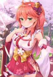 Rule 34 | absurdres, ahoge, bell, bow, breasts, cherry blossom print, cherry blossoms, commentary request, detached sleeves, floral print, green eyes, hair bow, hair ornament, hairclip, hand on own chest, hand on own hip, highres, hololive, japanese clothes, jingle bell, long hair, miko, miniskirt, misashi (raichi821), nontraditional miko, one side up, outdoors, panties, petals, pink hair, print skirt, red skirt, ribbon, sakura miko, sakura miko (1st costume), shirt, side-tie panties, side slit, sideboob, skirt, smile, smirk, thighs, tree, underwear, virtual youtuber, white shirt, white sleeves