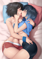 Rule 34 | 2girls, absurdres, arm around shoulder, arm around waist, bangle, bare arms, bed, bed sheet, bike shorts, black hair, blue eyes, blue hair, blue nails, blue shirt, blush, bracelet, breasts, brown eyes, character request, clothes lift, collarbone, crop top, dolphin shorts, ela angraeni (revian samuel dani), face-to-face, feet out of frame, fingernails, french kiss, gradient hair, hair ornament, hairclip, hand on another&#039;s cheek, hand on another&#039;s face, hand on another&#039;s shoulder, hand on another&#039;s waist, highres, jewelry, kiss, large breasts, lying, multicolored hair, multiple girls, nail polish, navel piercing, on side, open mouth, original, piercing, pillow, pink nails, red shorts, rev60, saliva, saliva trail, shadow, shirt, shirt lift, short hair, short shorts, short sleeves, shorts, sideboob, sleeveless, stomach, t-shirt, thighs, tongue, tongue out, yuri