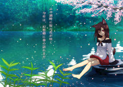 Rule 34 | 1girl, absurdres, animal ears, anna sakura, bare shoulders, barefoot, breasts, brooch, brown hair, collarbone, dress, fang, feet, finger to mouth, forest, highres, imaizumi kagerou, jewelry, legs, long hair, looking at viewer, nature, open mouth, red eyes, rock, sitting, sitting on rock, solo, tail, toes, touhou, translation request, water, wolf ears, wolf tail