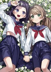 Rule 34 | 2girls, absurdres, arm up, blue eyes, blue hair, blue sailor collar, blue skirt, blunt bangs, blush, brown hair, closed mouth, commentary, field, flower, flower field, green eyes, hair intakes, hair ornament, hairclip, highres, holding hands, kurihara sakura, long sleeves, looking at another, looking to the side, lying, midriff peek, multiple girls, neckerchief, on back, open mouth, original, parted bangs, red neckerchief, sailor collar, school uniform, serafuku, shirt, short bangs, short hair, skirt, smile, symbol-only commentary, teeth, white shirt