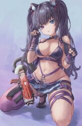 Rule 34 | 1girl, animal ear fluff, animal ears, bare shoulders, bikini, black gloves, black nails, blue eyes, breasts, cat ears, cat girl, cat tail, collarbone, fingerless gloves, gloves, goddess of victory: nikke, gun, hair ribbon, hands up, heart, heterochromia, highres, holding, holding weapon, holding with tail, large breasts, long hair, looking at viewer, nail polish, nero (nikke), pink eyes, pink thighhighs, prehensile tail, ribbon, single thighhigh, standing, swimsuit, tagoroku123, tail, thighhighs, thighs, twintails, two-tone bikini, weapon