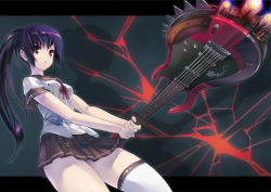 Rule 34 | &gt;:o, :o, asymmetrical clothes, brown eyes, crack, guitar, instrument, long hair, monk (syugyousou), original, ponytail, purple hair, school uniform, single thighhigh, skirt, solo, thighhighs, thighs, v-shaped eyebrows, white thighhighs