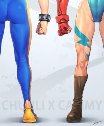 Rule 34 | 2girls, absurdres, aqua leotard, ass, boots, bracelet, brown footwear, cameltoe, cammy white, capcom, character name, chun-li, clenched hand, elbow gloves, fingerless gloves, fingernails, gloves, head out of frame, hichi, highres, jewelry, leg tattoo, leggings, legs, leotard, lightning bolt symbol, lower body, multiple girls, muscular, muscular female, signature, simple background, skin tight, standing, street fighter, street fighter zero (series), tattoo, thigh gap, thighs, view between legs
