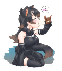 Rule 34 | 1girl, australian devil (kemono friends), blush, breasts, closed mouth, dress, dripping, eating, closed eyes, food, food in mouth, heart, highres, holding, holding food, ice cream, kemono friends, kemono friends 3, large breasts, melting, mikan toshi, miniskirt, mouth hold, popsicle, sexually suggestive, skirt, sleeveless, sleeveless dress, solo, spoken heart, tasmanian devil ears, tasmanian devil tail, thighhighs