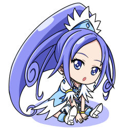 Rule 34 | 1girl, :o, bad id, bad pixiv id, blue eyes, blue hair, brooch, chibi, cure diamond, dokidoki! precure, eyelashes, heart, heart brooch, hishikawa rikka, jewelry, matching hair/eyes, on floor, open mouth, outstretched leg, ponytail, precure, simple background, sitting, solo, white background, zerusu03