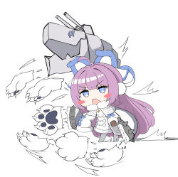 Rule 34 | 1girl, :d, absurdres, ahoge, azur lane, blue eyes, blush stickers, brown sweater, cannon, chibi, dress, fang, highres, long hair, long sleeves, moyoron, no shoes, open mouth, pantyhose, purple hair, sleeves past fingers, sleeves past wrists, smile, solo, standing, sweater, tashkent (azur lane), turret, v-shaped eyebrows, very long hair, white background, white dress, white pantyhose